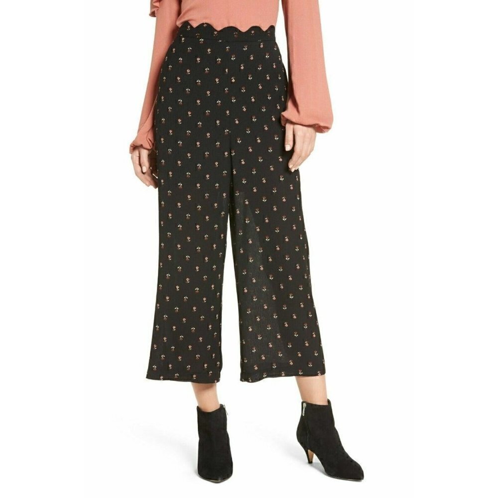 BP. Womens Black Printed Scalloped Waist Wide Leg Crop Pants Size M